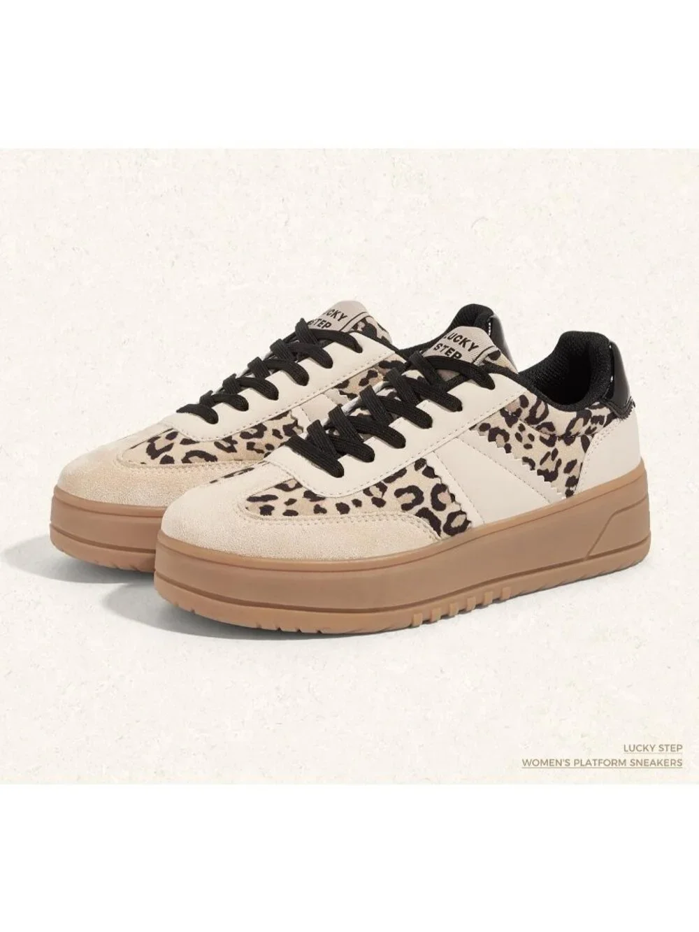 Women's Beige/Leopard Lace Up Platform Thick Sole Comfortable Fashion Sneakers